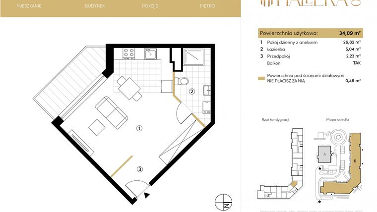Rzut - Mieszkanie na sprzedaż 1 pokój o powierzchni 34,09 m² - numer B.05.14 w Hallera 140