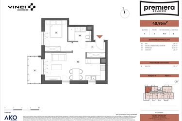 Rzut - Mieszkanie na sprzedaż 2 pokoje o powierzchni 40,95 m² - numer A.11 w Premiera Bemowo