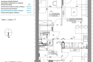 Rzut - Mieszkanie na sprzedaż 3 pokoje o powierzchni 56,89 m² - numer 50B w Osiedle Młodych etap VIII