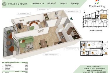 Rzut - Mieszkanie na sprzedaż 2 pokoje o powierzchni 46,85 m² - numer B1.M10 w Tutaj Bunscha
