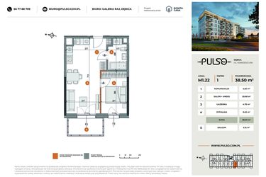 Rzut - Mieszkanie na sprzedaż 2 pokoje o powierzchni 38,5 m² - numer M1.22 w Pulso