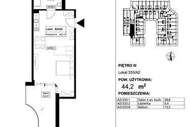Rzut - Mieszkanie na sprzedaż 1 pokój o powierzchni 44,2 m² - numer 333 w Apollo Resort