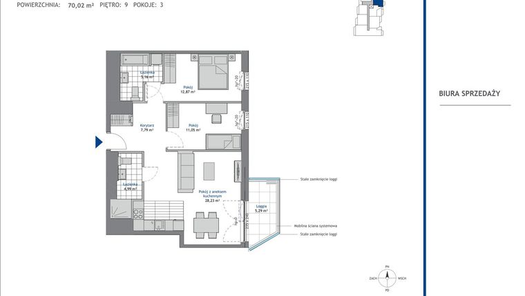 Rzut - Mieszkanie na sprzedaż 3 pokoje o powierzchni 70,02 m² - numer 9.6 w SEAHall