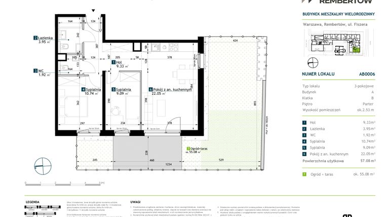 Rzut - Mieszkanie na sprzedaż 3 pokoje o powierzchni 57,08 m² - numer AB0006 w Stacja Rembertów