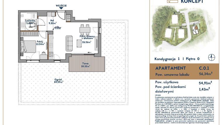 Rzut - Mieszkanie na sprzedaż 2 pokoje o powierzchni 56,34 m² - numer C.0.1 w Oliva Koncept II