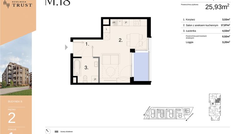 Rzut - Mieszkanie na sprzedaż 1 pokój o powierzchni 26,45 m² - numer B - M.18 w Dzielnica Trust - etap I