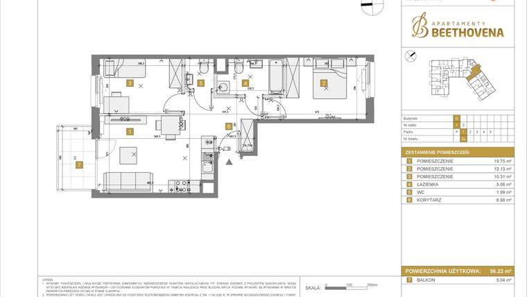 Rzut - Mieszkanie na sprzedaż 1 pokój o powierzchni 56,22 m² - numer D3 w Apartamenty Beethovena etap 2 - apartamenty inwestycyjne