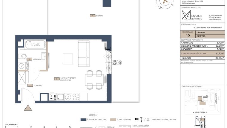 Rzut - Mieszkanie na sprzedaż 1 pokój o powierzchni 30,72 m² - numer 15 w Apartamenty Jana Pawła 34