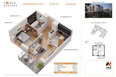Rzut - Mieszkanie na sprzedaż 2 pokoje o powierzchni 41,45 m² - numer D.4.2 w Rondo Ceglana etap II