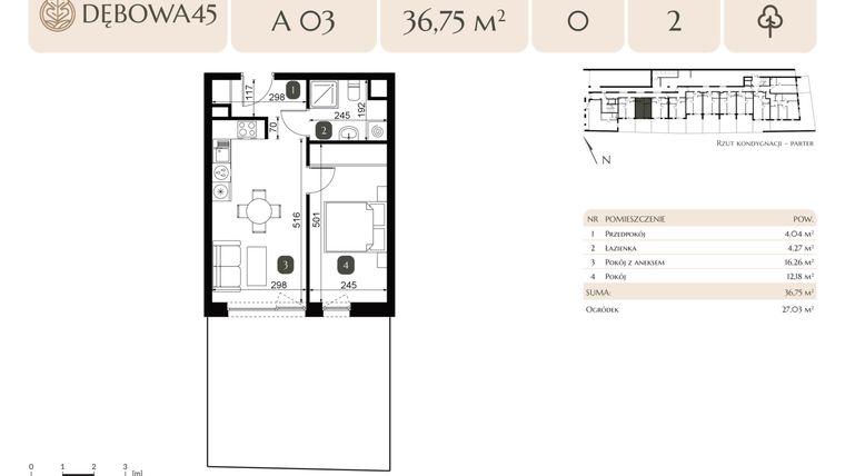 Rzut - Mieszkanie na sprzedaż 2 pokoje o powierzchni 36,75 m² - numer A.03 w Dębowa 45