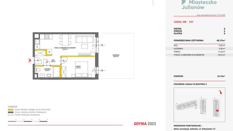 Rzut - Mieszkanie na sprzedaż 2 pokoje o powierzchni 40,4 m² - numer 131 w Miasteczko Julianów