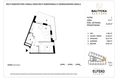 Rzut - Mieszkanie na sprzedaż 2 pokoje o powierzchni 41,39 m² - numer A.1.7 w Bałtycka Sea Park