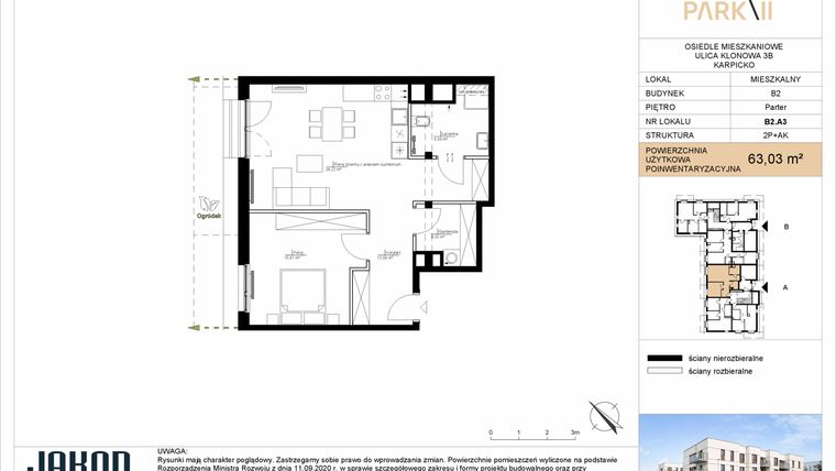 Rzut - Mieszkanie na sprzedaż 2 pokoje o powierzchni 63,03 m² - numer B2.A3 w Merano Park II