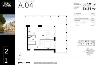 Rzut - Mieszkanie na sprzedaż 2 pokoje o powierzchni 38,1 m² - numer A.04 w Browar HUGO SCOBEL