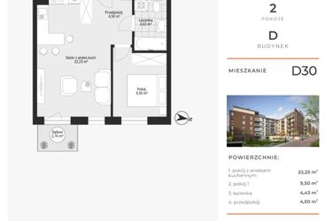Rzut - Mieszkanie na sprzedaż 2 pokoje o powierzchni 40,68 m² - numer D30 w Na Koszutce II