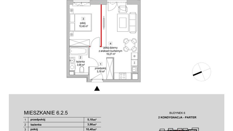 Rzut - Mieszkanie na sprzedaż 2 pokoje o powierzchni 39,3 m² - numer 6.2.5 w Osiedle Przyjemne III