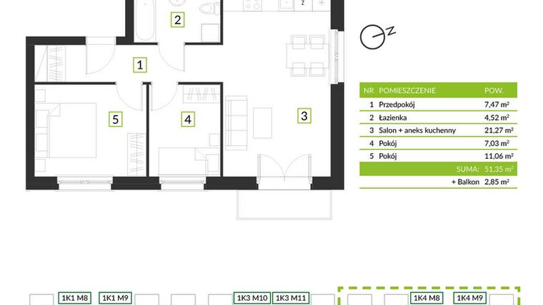 Rzut - Mieszkanie na sprzedaż 3 pokoje o powierzchni 51,35 m² - numer 1K4 M10 w Osiedle Krzeptów przy lesie