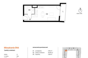 Rzut - Mieszkanie na sprzedaż 1 pokój o powierzchni 29,48 m² - numer A044 w Miasto Polskich Mistrzów Olimpijskich