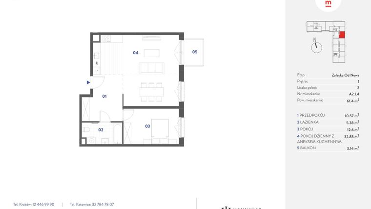 Rzut - Mieszkanie na sprzedaż 2 pokoje o powierzchni 61,4 m² - numer A2.1.4 w Mieszkaj w Mieście - Załęska od Nowa