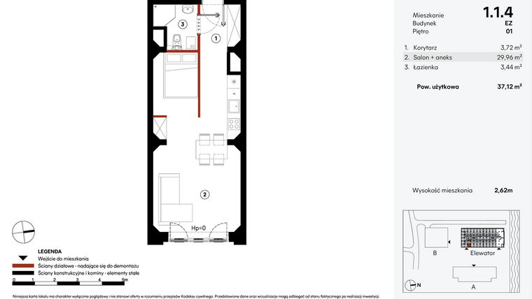 Rzut - Mieszkanie na sprzedaż 1 pokój o powierzchni 37,12 m² - numer EZ.1.1.4 w Elewator - Mieszkania i Lofty