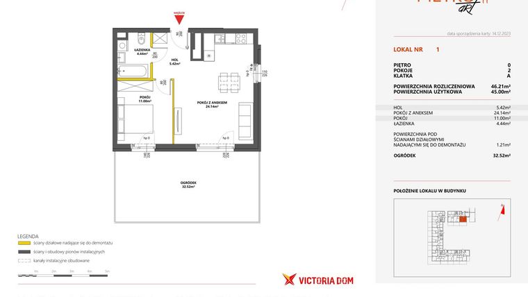 Rzut - Mieszkanie na sprzedaż 2 pokoje o powierzchni 46,21 m² - numer 1 w Metro Art 11