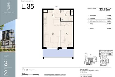 Rzut - Mieszkanie na sprzedaż 2 pokoje o powierzchni 33,79 m² - numer L35 w Sky Trust etap II - apartamenty inwestycyjne 23% VAT PRS