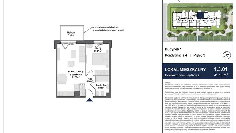 Rzut - Mieszkanie na sprzedaż 2 pokoje o powierzchni 41,15 m² - numer 1.3.01 w Rytelska