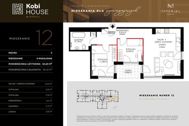 Rzut - Mieszkanie na sprzedaż 3 pokoje o powierzchni 64,27 m² - numer 12 w Kobi HOUSE