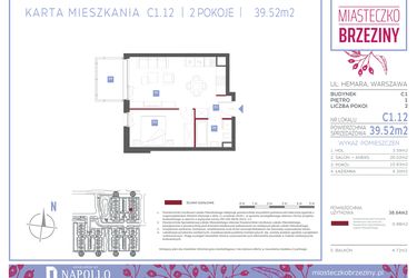 Rzut - Mieszkanie na sprzedaż 2 pokoje o powierzchni 39,52 m² - numer C1.12 w Miasteczko Brzeziny II