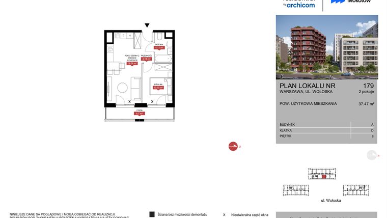 Rzut - Mieszkanie na sprzedaż 2 pokoje o powierzchni 37,47 m² - numer A.179 w Modern Mokotów etap 1 budynek A, B1 i B2