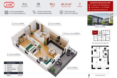 Rzut - Mieszkanie na sprzedaż 2 pokoje o powierzchni 46,24 m² - numer 13 w Tęczowy Zakątek F-15