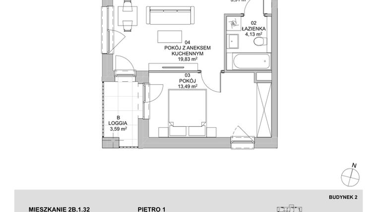 Rzut - Mieszkanie na sprzedaż 2 pokoje o powierzchni 41,36 m² - numer 2B.1.32 w Francuska Park VIIIA