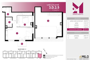 Rzut - Mieszkanie na sprzedaż 3 pokoje o powierzchni 102,92 m² - numer 3D.2.5 w Maślice Wrocław Milo Dobry Deweloper etap II