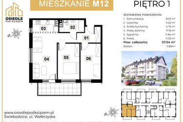 Rzut - Mieszkanie na sprzedaż 3 pokoje o powierzchni 57,04 m² - numer M12 w Osiedle Pod Książem