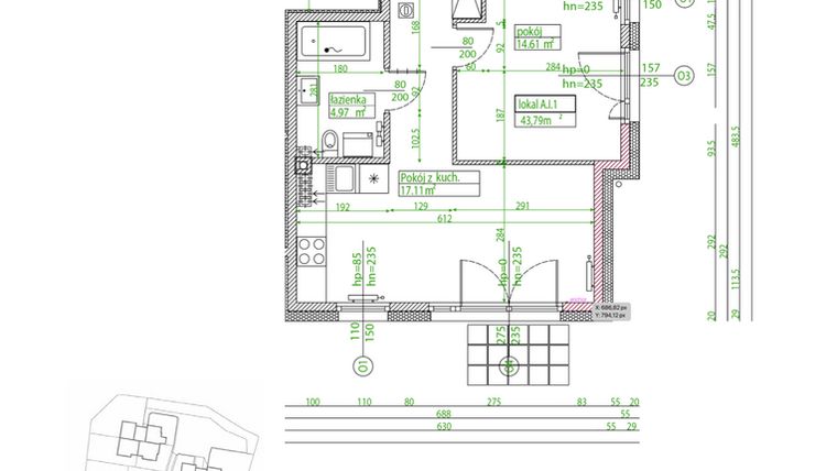 Rzut - Mieszkanie na sprzedaż 2 pokoje o powierzchni 43,52 m² - numer A.I.1 w Villa Rosenthal