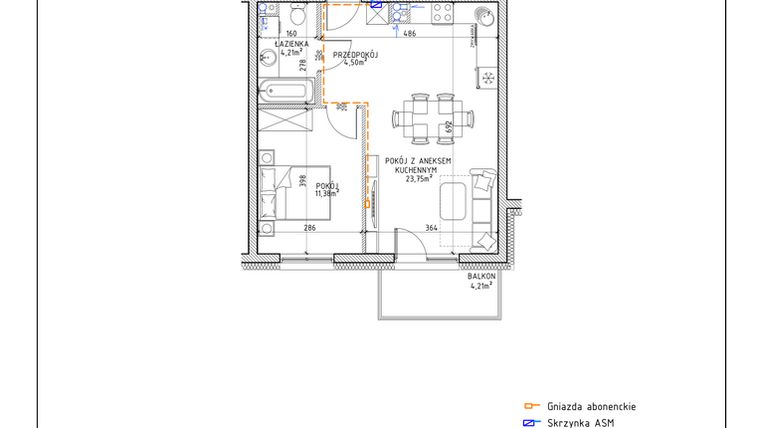 Rzut - Mieszkanie na sprzedaż 2 pokoje o powierzchni 43,84 m² - numer 48 w Osiedle OdNowa K5