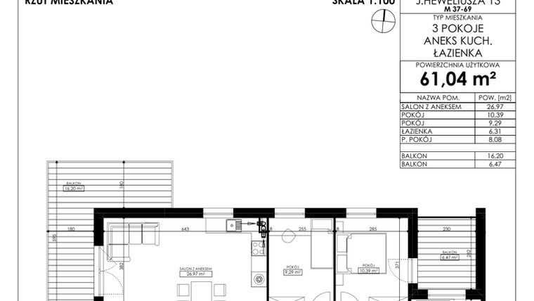 Rzut - Mieszkanie na sprzedaż 3 pokoje o powierzchni 61,04 m² - numer JAR-II-B-LM-M69 w Osiedle JAR Heweliusza etap II