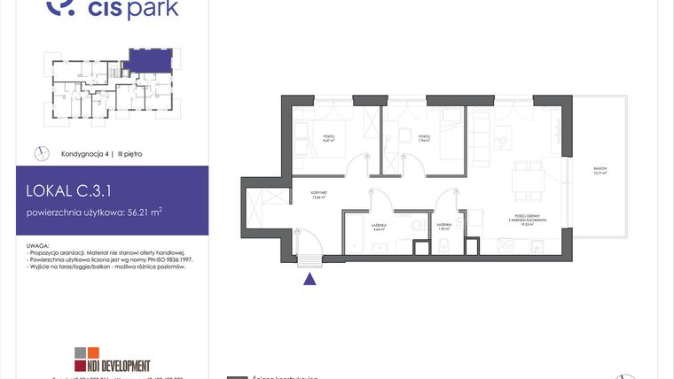 Rzut - Mieszkanie na sprzedaż 3 pokoje o powierzchni 56,21 m² - numer C.3.1 w CIS Park