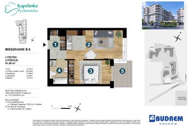 Rzut - Mieszkanie na sprzedaż 2 pokoje o powierzchni 41,99 m² - numer B6 w Kapelanka-Pychowicka Etap III