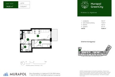 Rzut - Mieszkanie na sprzedaż 2 pokoje o powierzchni 34 m² - numer 1.A.0.11 w Murapol GreenCity bud. 1