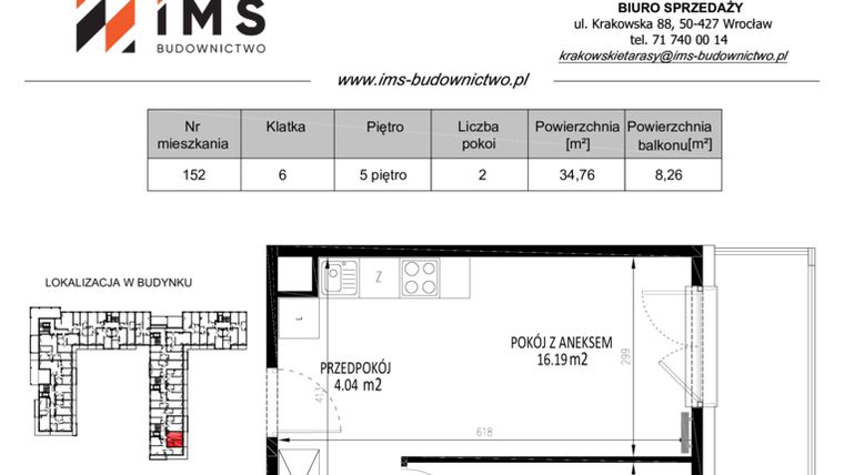 Rzut - Mieszkanie na sprzedaż 2 pokoje o powierzchni 34,77 m² - numer 152 w Krakowskie Tarasy etap V