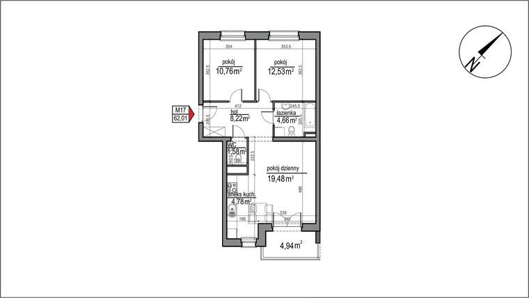 Rzut - Mieszkanie na sprzedaż 3 pokoje o powierzchni 62,01 m² - numer 4 m. 17 w Osiedle Rytm etap 3