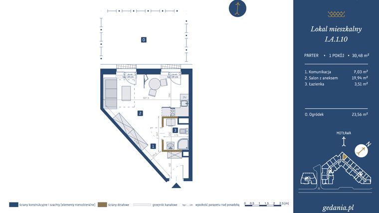 Rzut - Mieszkanie na sprzedaż 1 pokój o powierzchni 30,48 m² - numer I.A.1.10 w GEDANIA Riverside Living
