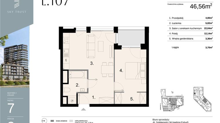 Rzut - Mieszkanie na sprzedaż 2 pokoje o powierzchni 46,56 m² - numer L107 w Sky Trust etap II - apartamenty inwestycyjne 23% VAT PRS