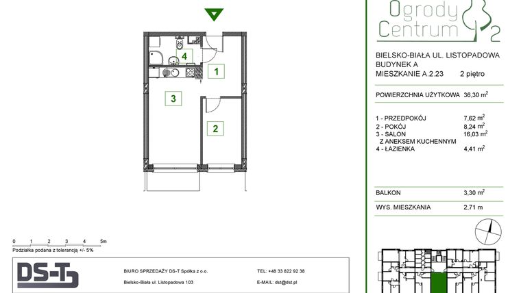 Rzut - Mieszkanie na sprzedaż 2 pokoje o powierzchni 36,3 m² - numer A.2.23 w Ogrody Centrum 2