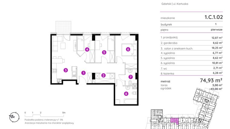 Rzut - Mieszkanie na sprzedaż 4 pokoje o powierzchni 74,93 m² - numer 1.C.1.02 w Murapol Scarpa