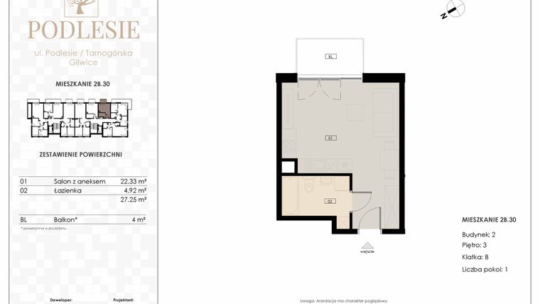 Rzut - Mieszkanie na sprzedaż 1 pokój o powierzchni 27,25 m² - numer 2B.30 w Podlesie