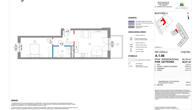 Rzut - Mieszkanie na sprzedaż 2 pokoje o powierzchni 44,56 m² - numer A.1.06 w My Forest