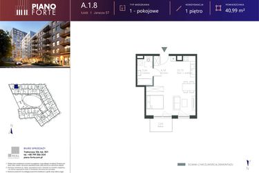 Rzut - Mieszkanie na sprzedaż 1 pokój o powierzchni 40,98 m² - numer A.1.08 w Piano