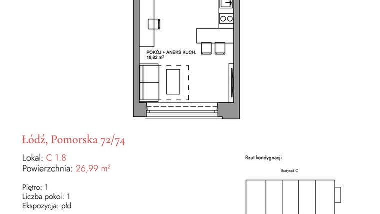 Rzut - Mieszkanie na sprzedaż 1 pokój o powierzchni 26,47 m² - numer C 1.8 w Melody Loft